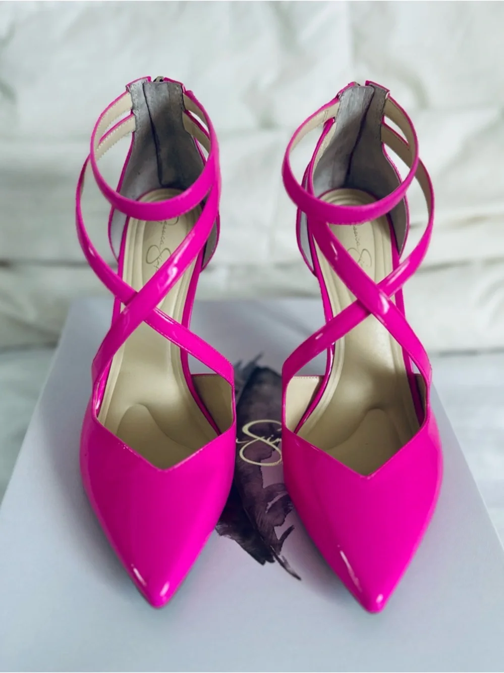 Jessica Simpson Hot Pink Patent Pointed Toe Strappy Stiletto Heels - Picture 4 of 13